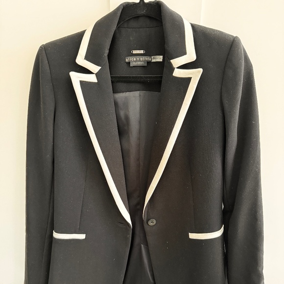 Alice + Olivia Breann Black Off White Piped Long Blazer Jacket Women's Size 2 - Picture 2 of 5